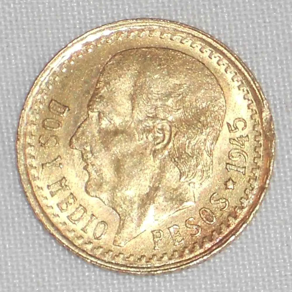 Beautiful 1945 Lustrous Mexico Gold Coin Two and Half Pesos Miguel Hidalgo AU  