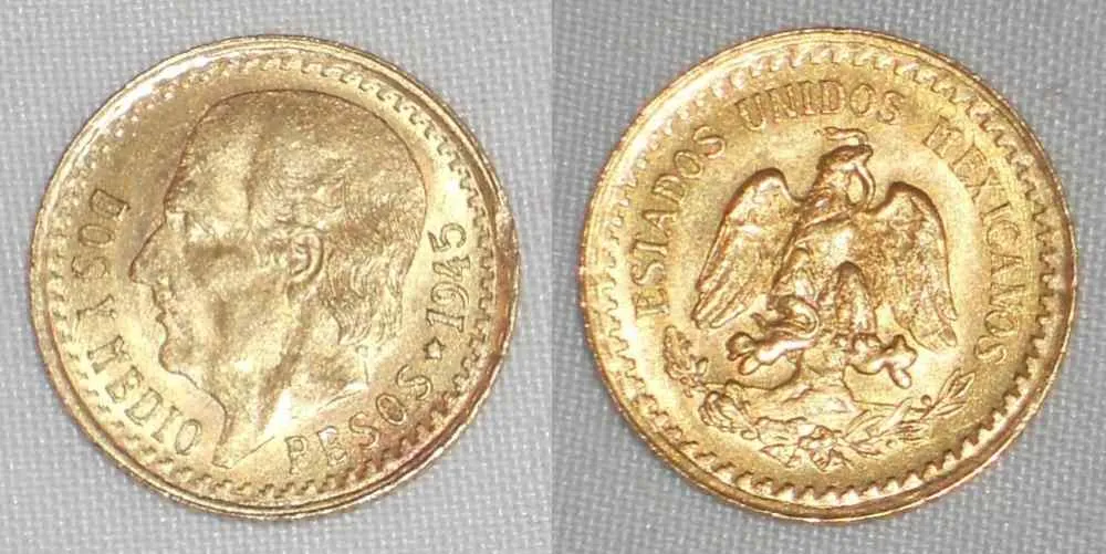 Beautiful 1945 Lustrous Mexico Gold Coin Two and Half Pesos Miguel Hidalgo AU  