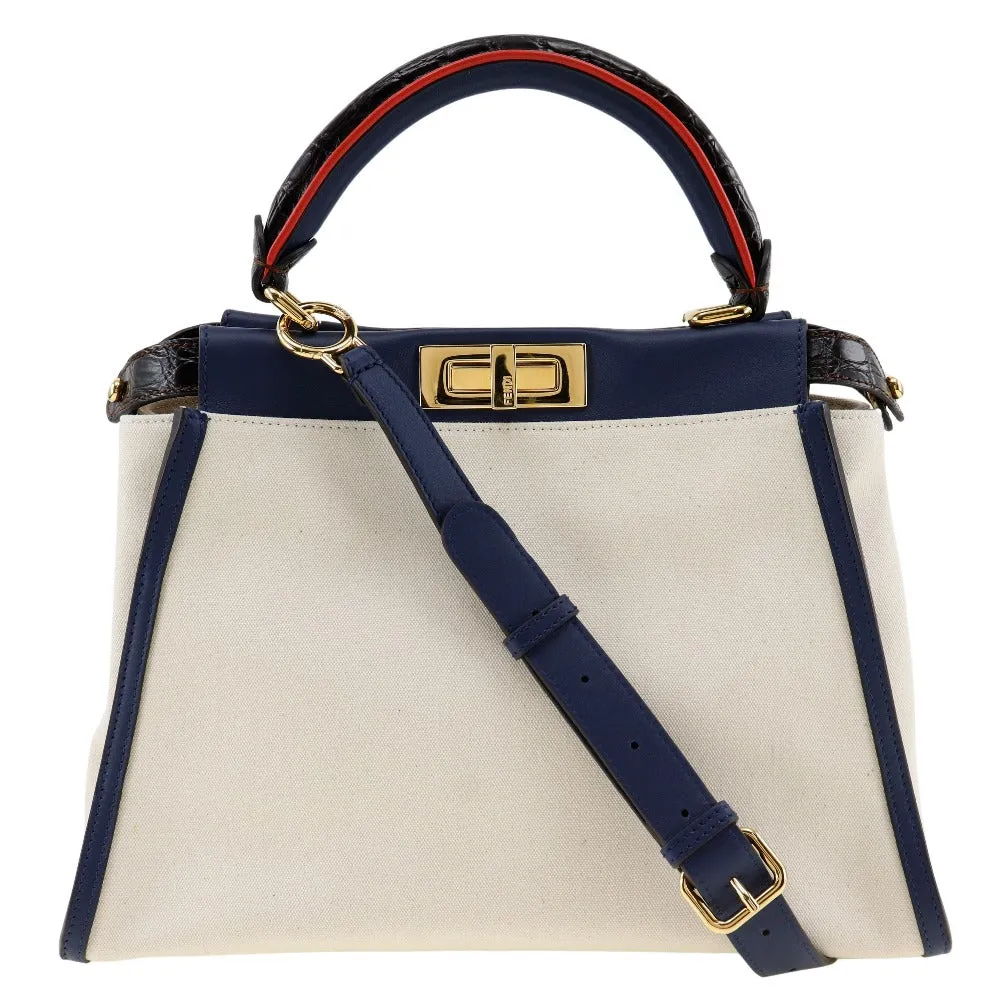 FENDI Handbag 8BN290 Canvas, Calfskin White / navy 2WAYShoulder Peekaboo Women Used