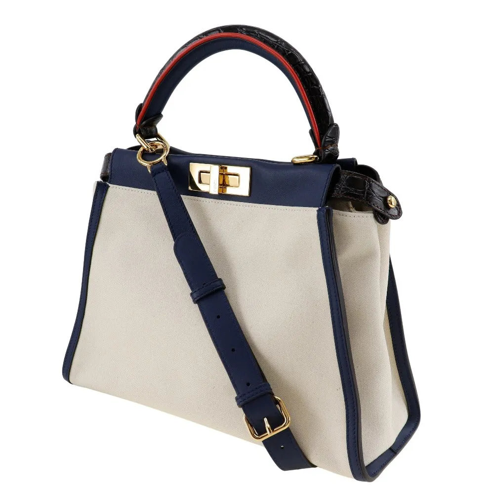FENDI Handbag 8BN290 Canvas, Calfskin White / navy 2WAYShoulder Peekaboo Women Used