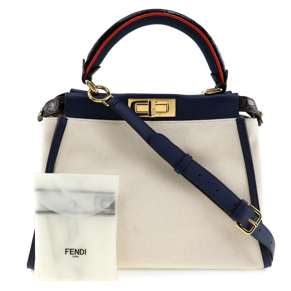 FENDI Handbag 8BN290 Canvas, Calfskin White / navy 2WAYShoulder Peekaboo Women Used