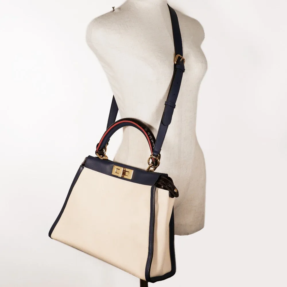 FENDI Handbag 8BN290 Canvas, Calfskin White / navy 2WAYShoulder Peekaboo Women Used