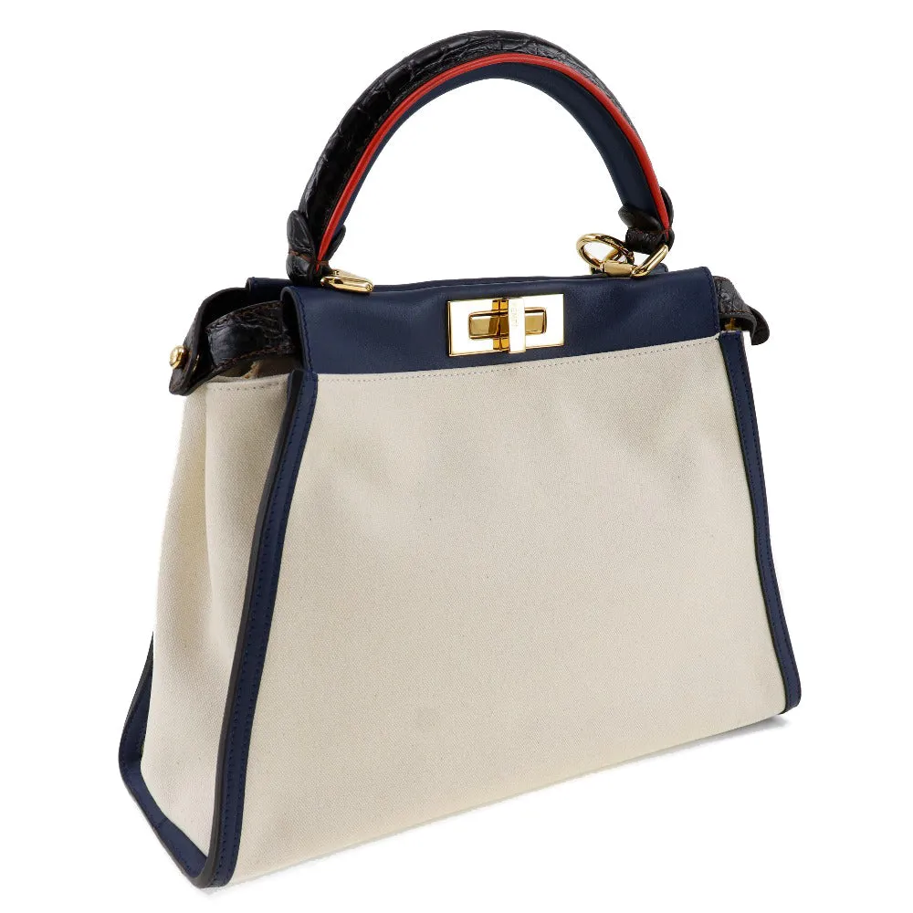 FENDI Handbag 8BN290 Canvas, Calfskin White / navy 2WAYShoulder Peekaboo Women Used