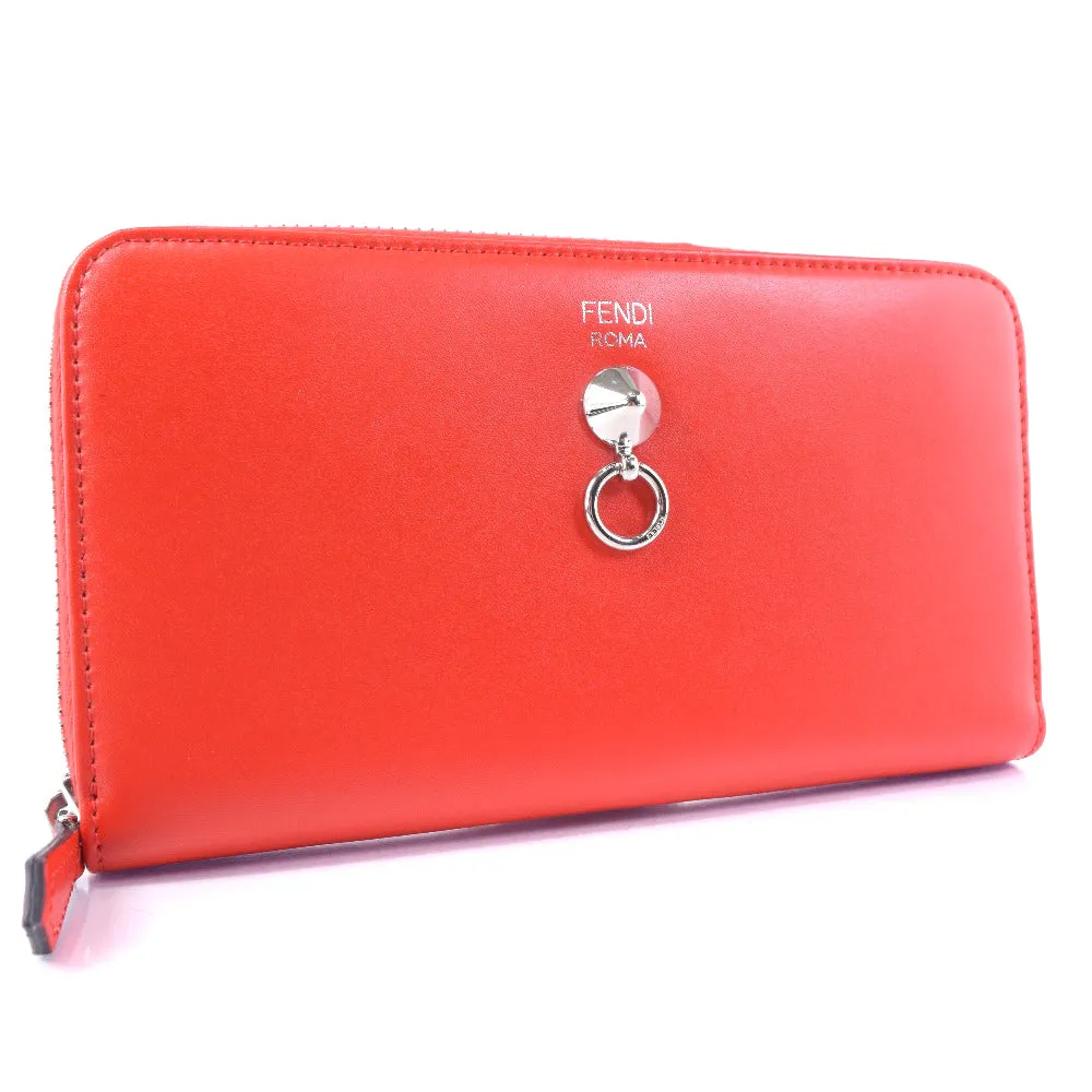 FENDI Long Wallet Purse Calfskin Red Zip Around Dot com Women Used