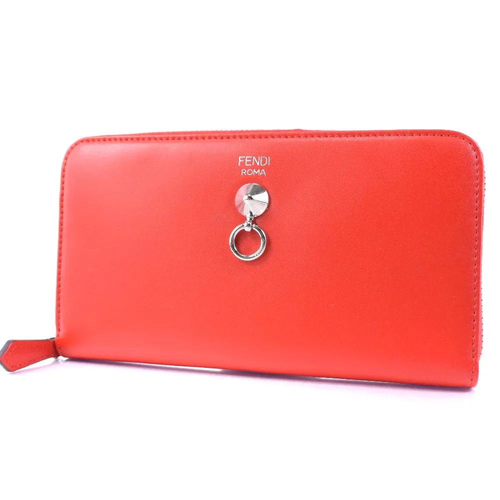 FENDI Long Wallet Purse Calfskin Red Zip Around Dot com Women Used