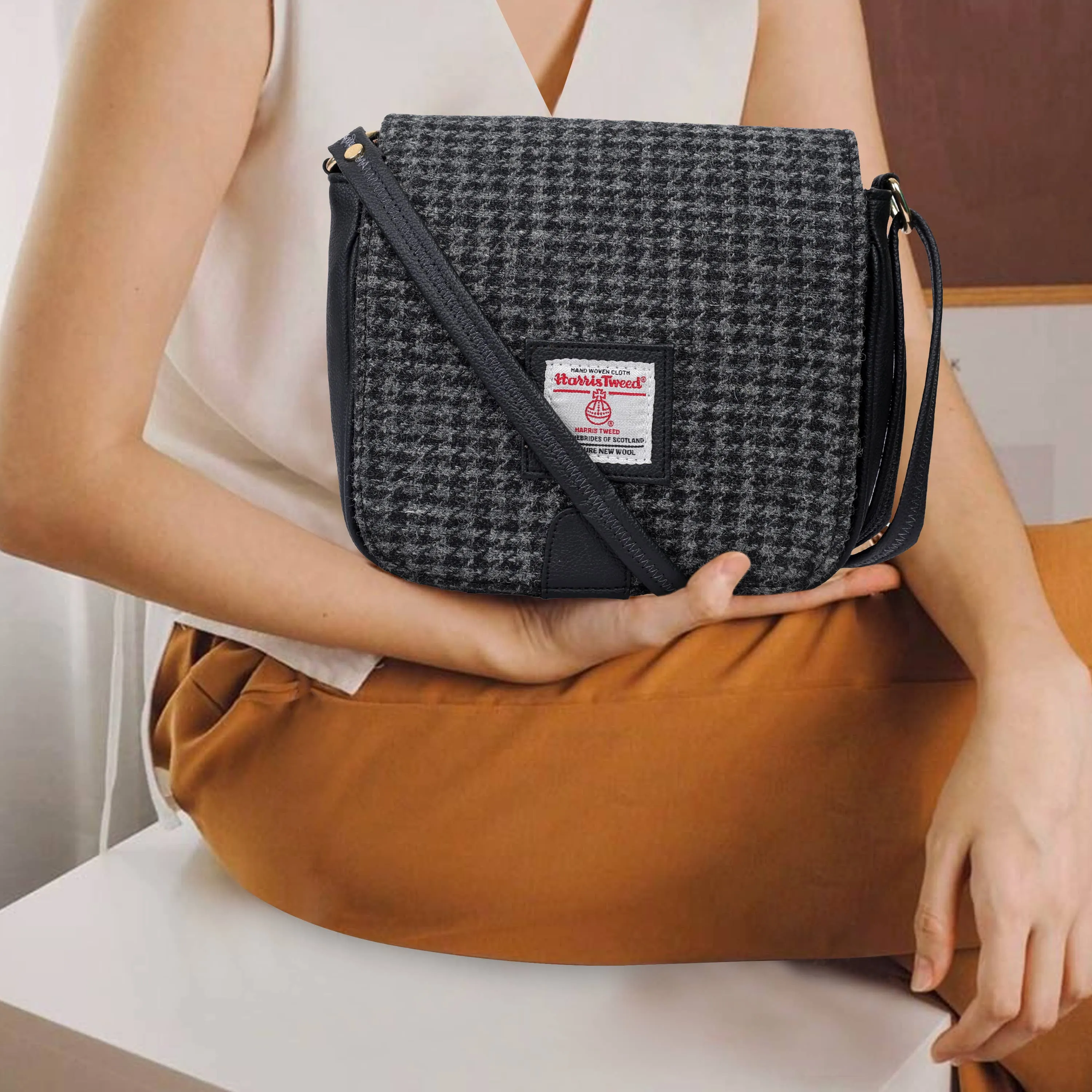 Harris Tweed Cross Body Saddle Bag Black