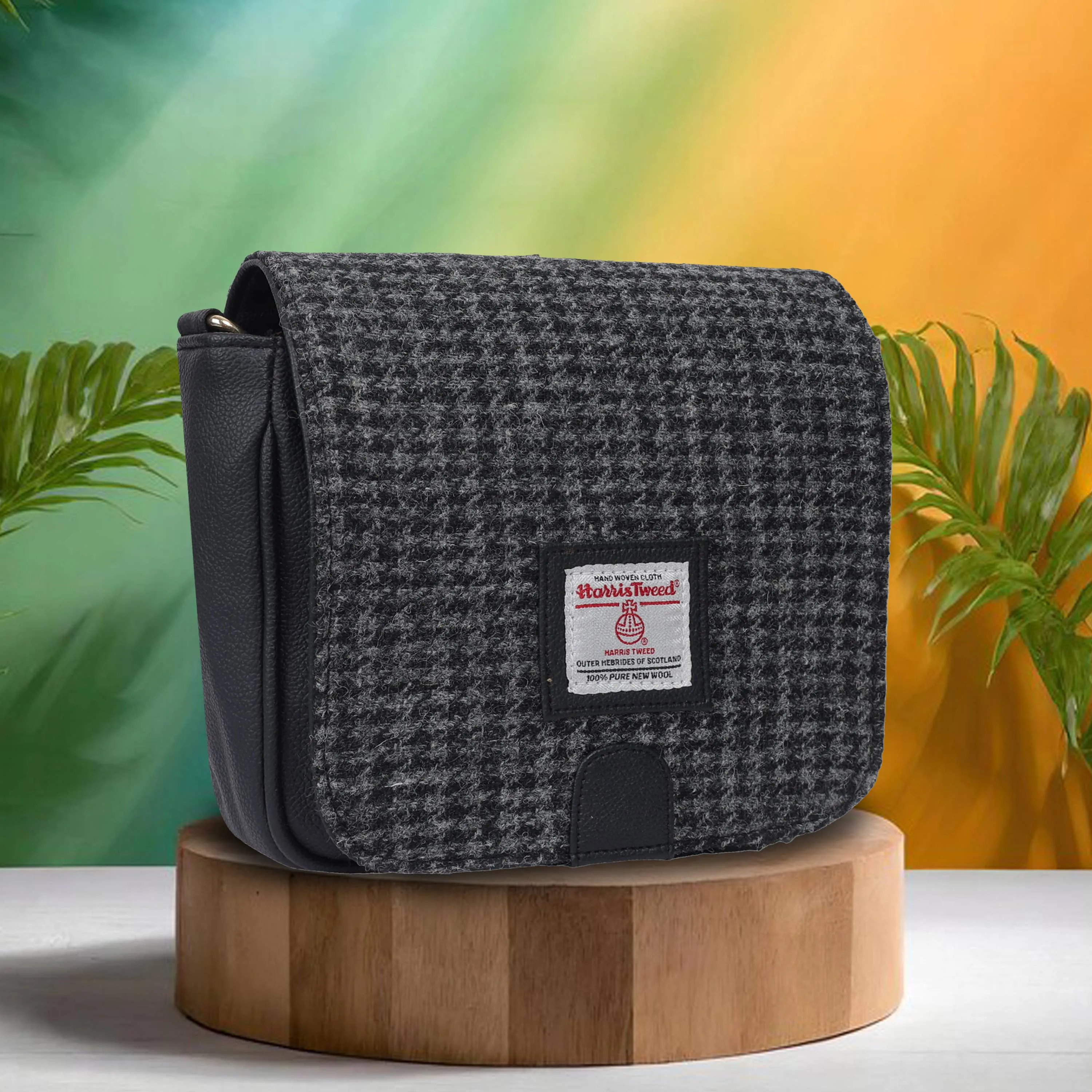Harris Tweed Cross Body Saddle Bag Black